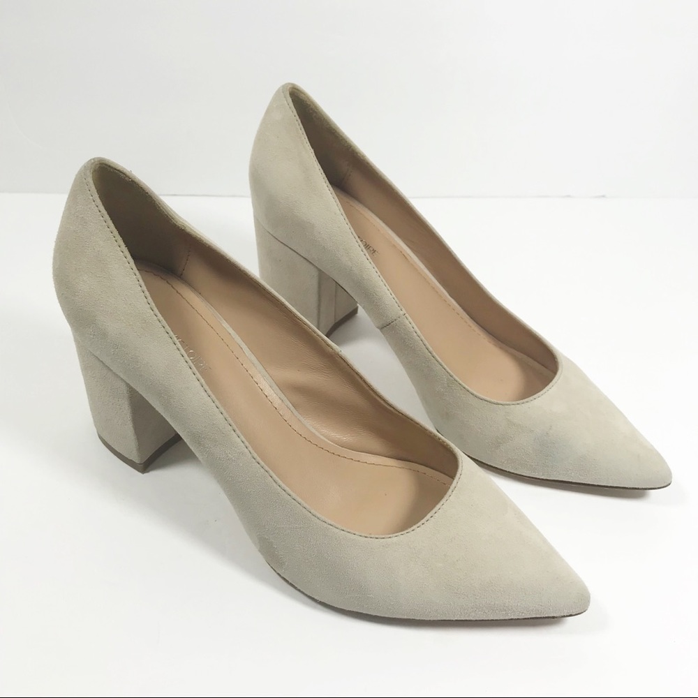Pour La Victoire Val suede tan pump block heels 7